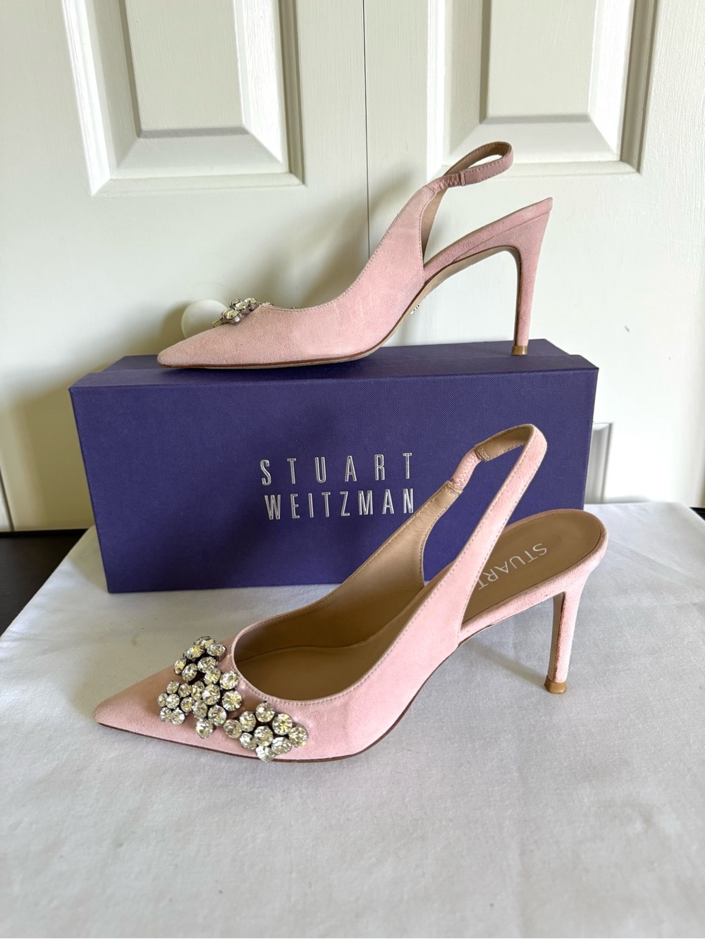 Stuart Weitzman Blush Pink Crystal-Embellished Slingback Pumps 6
